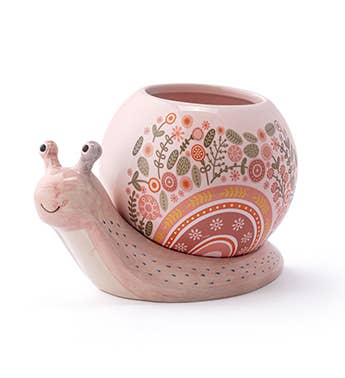 Pink Snail Planter with Floral Shell