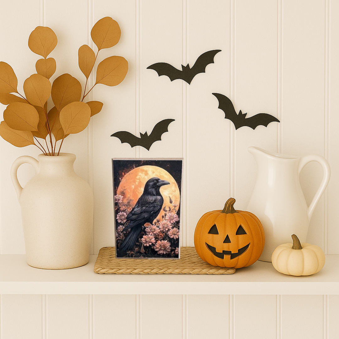 Wooden picture block Floral Moon Crow