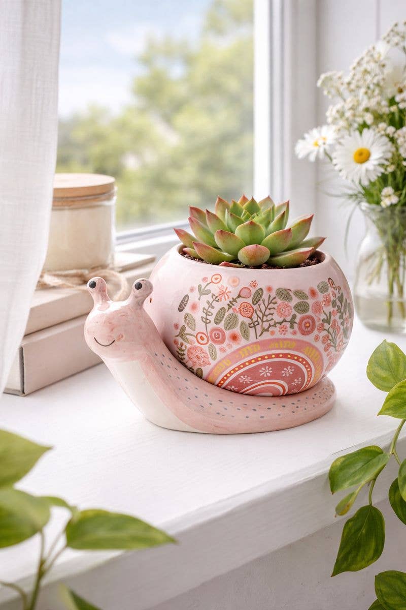 Pink Snail Planter with Floral Shell