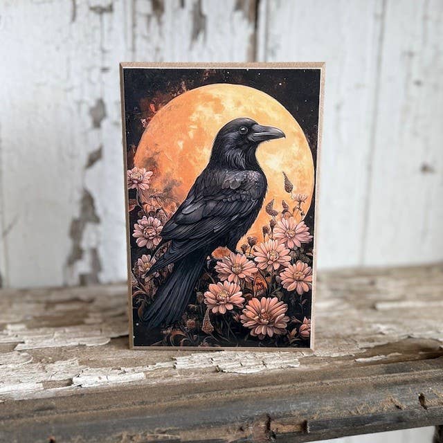 Wooden picture block Floral Moon Crow
